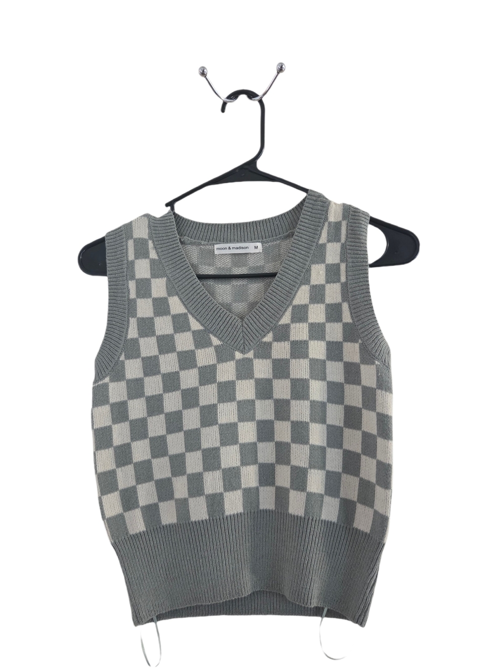 moon & madison Checkerboard Knit V-Neck Sweater Vest - Grey & Cream